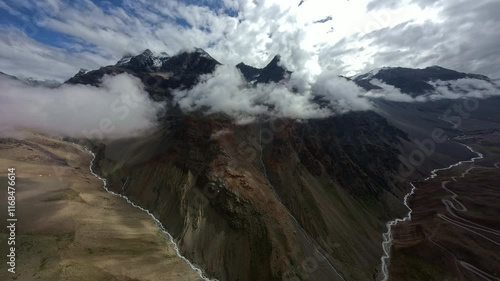Mountain valley with a winding river and snowy peaks
