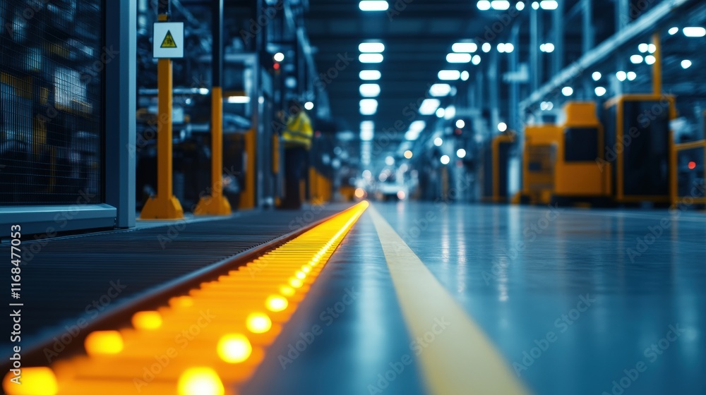 A close-up of an illuminated factory floor with machinery in the background. A close-up of an illuminated factory floor with machinery in the background.