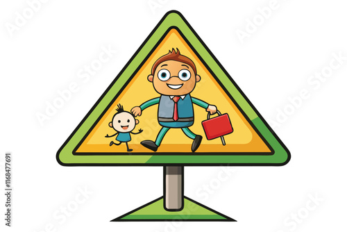 Vibrant school zone warning sign with happy children and lush green surroundings, promoting awareness and road safety for kids