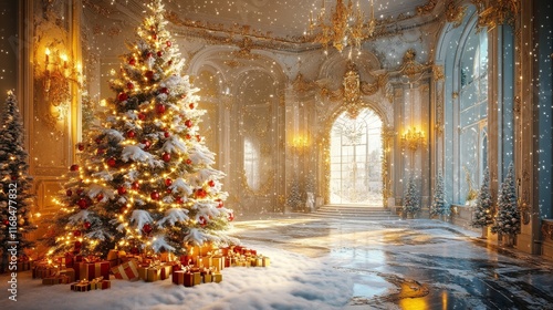 Wallpaper Mural enchanted winter interior with majestic snow flocked pine tree, harmonious blend of ruby and golden decorations, cascading crystal snowfall, radiant holiday lights, lavish gift wrapped treasures, Torontodigital.ca
