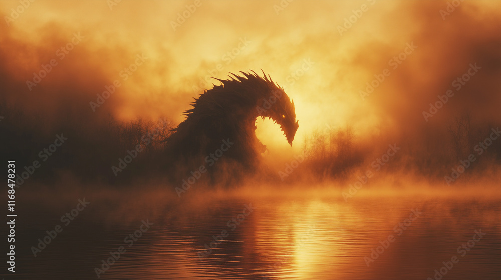 Fototapeta premium Fantastyczne stworzenie wynurza się z jeziora o świcie, jego sylwetka ledwo widoczna przez unoszącą się mgłę, tworząc aurę tajemniczości.