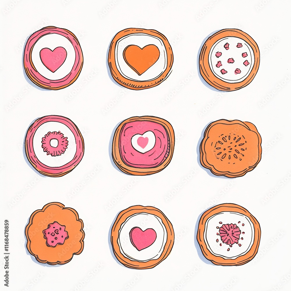 Charming Hand-Drawn Illustration: Nine Delightful Valentine's Cookies. AI Generated