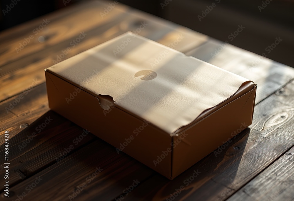 Fototapeta premium White box on rustic wooden table with natural light