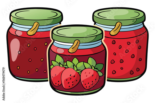 Collection of strawberry jam jars with decorative caps and smiling faces, perfect for breakfast themed illustrations