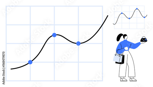 Businesswoman examining upward-trending line graph with magnifying glass, carrying briefcase. Ideal for growth analysis, performance metrics, business insights, financial data, market trends