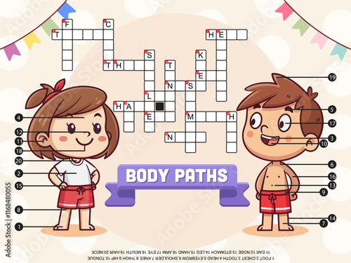 Crossword in English, education game for children about boy and girl body, Body parts crossword, English cross word with external organs names Vector illustrator