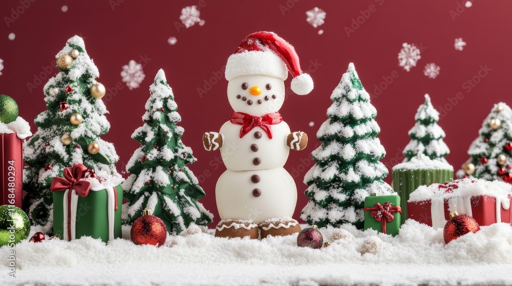festive holiday display featuring dapper snow fellow, delightful green cookie trees, elegant kraft paper present, sweet gingerbread house, miniature ornament laden evergreen, pure white snow banks, festive holiday display featuring dapper snow fellow, delightful green cookie trees, elegant kraft paper present, sweet gingerbread house, miniature ornament laden evergreen, pure white snow banks,