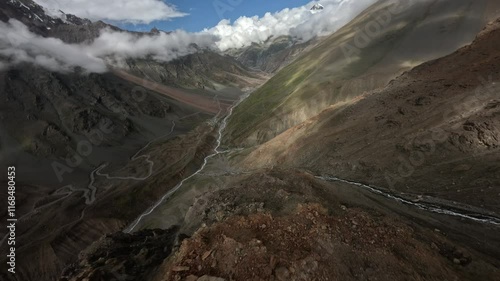 Mountain valley with a winding river and snowy peaks