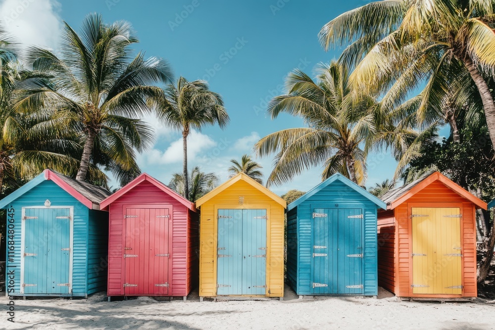 Colorful Beach Huts Surrounded by Palm Trees Colorful Beach Huts Surrounded by Palm Trees