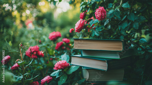 Fototapeta Naklejka Na Ścianę i Meble -  Stack of gardening books surrounded by vibrant pink flowers in garden