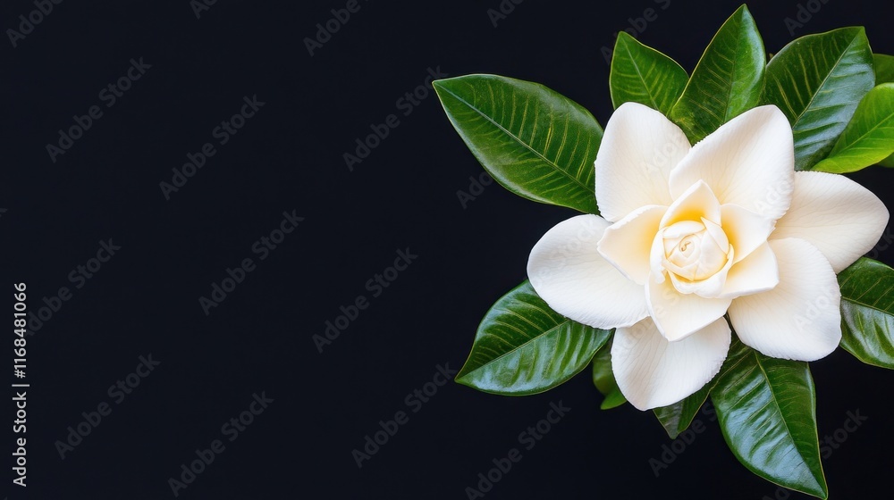 Obraz premium A white flower with green leaves on a dark background.