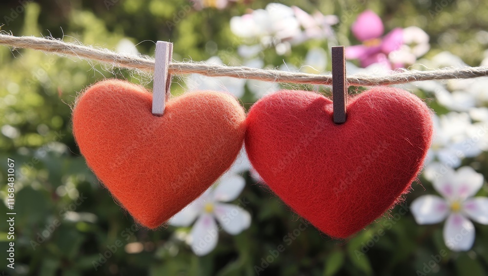 Two felt hearts hanging on a clothesline outdoors. (1) Two felt hearts hanging on a clothesline outdoors. (1)