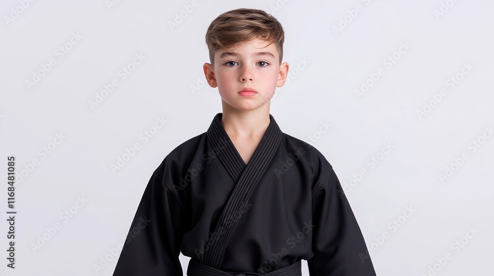 A young boy in a black martial arts uniform, standing confidently. A young boy in a black martial arts uniform, standing confidently.