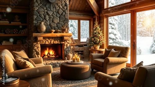 Cozy living room in a winter wonderland, with a cracklin fireplace and soft snow falling outside large windows, and christmass tree photo