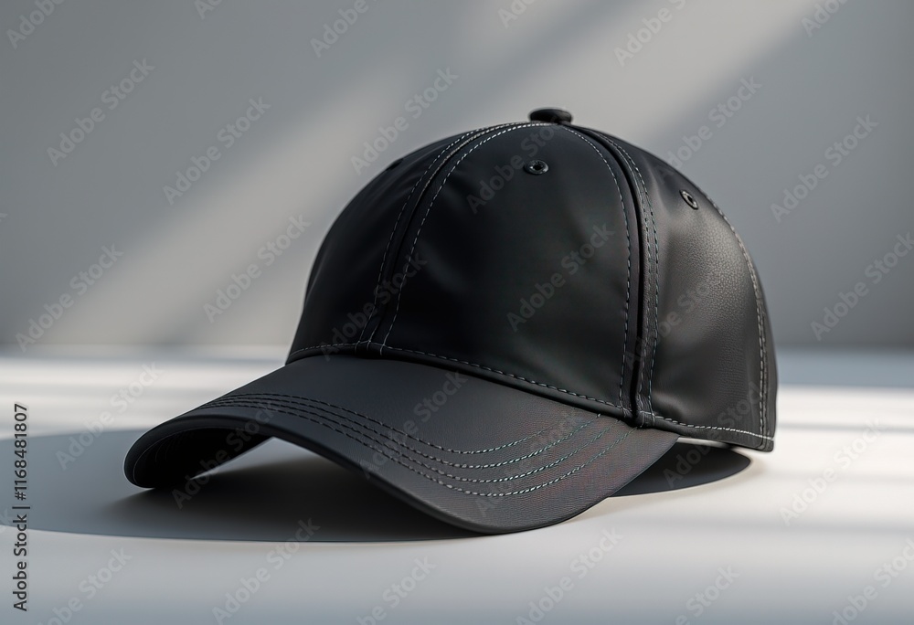 Black baseball cap on a white surface with soft shadows. Black baseball cap on a white surface with soft shadows.