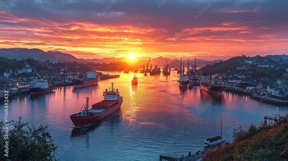 Fototapeta premium Scenic Sunset Over Harbor with Ships and Vibrant Colors