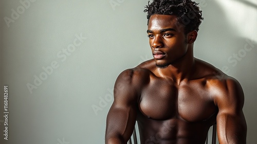 A shirtless muscular Black man sits in a chair with his arms crossed, looking to his right with a serious expression. photo