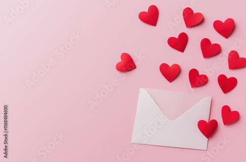 A flat lay of red paper hearts on the right side, scattered across an open envelope with a pink background. The background is a soft pastel color to create contrast and focus attention  photo