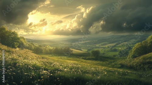 A countryside landscape showing heavy clouds giving way to bright sunshine after a passing storm photo