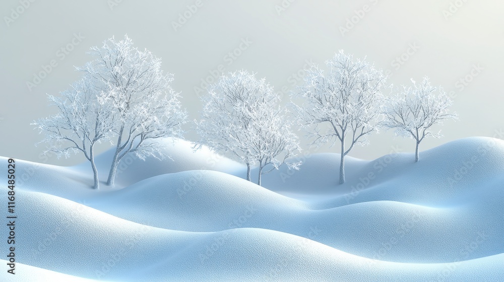 Frosty winter landscape with snow-covered trees and rolling hills. Frosty winter landscape with snow-covered trees and rolling hills.