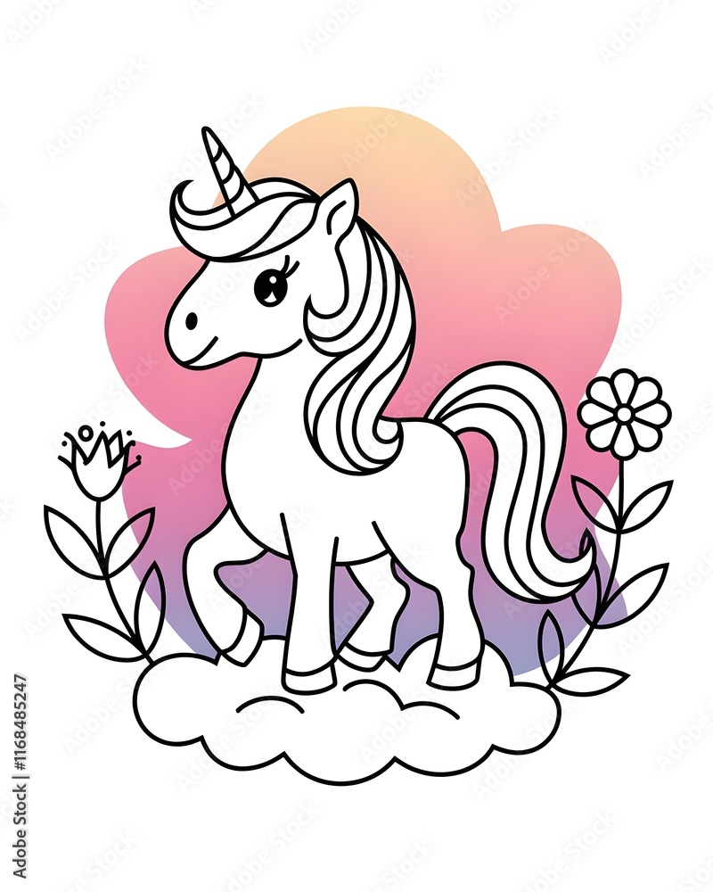Fototapeta premium Unicorn Coloring Page for Kids, black and white vector illustration