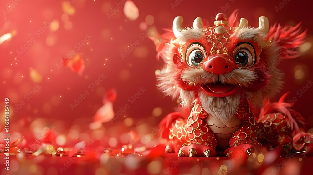 Fototapeta premium Adorable 3D Chinese New Year Dragon Mask with Copyspace on Red Background
