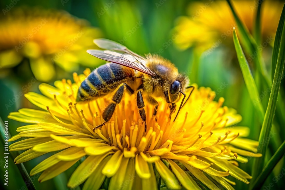 Close-Up of Bee Pollinating Dandelion Flower in Spring Meadow - High-Resolution Aerial Stock Photo Close-Up of Bee Pollinating Dandelion Flower in Spring Meadow - High-Resolution Aerial Stock Photo