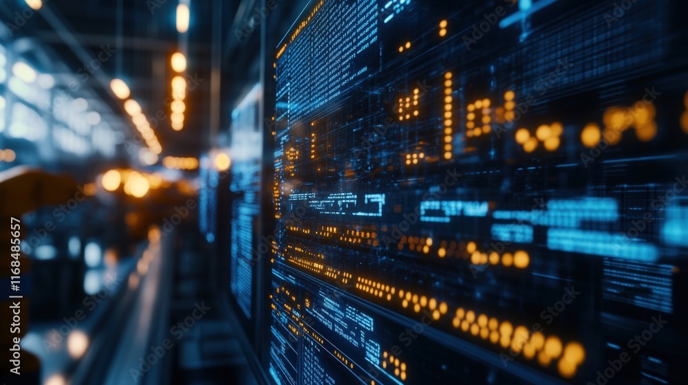 Fototapeta premium Close-up of digital data interface with bright lights and charts illustrating technology.