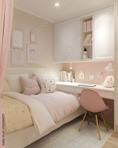 Cozy and Stylish Bedroom Design with Pink Accents and Desk Space