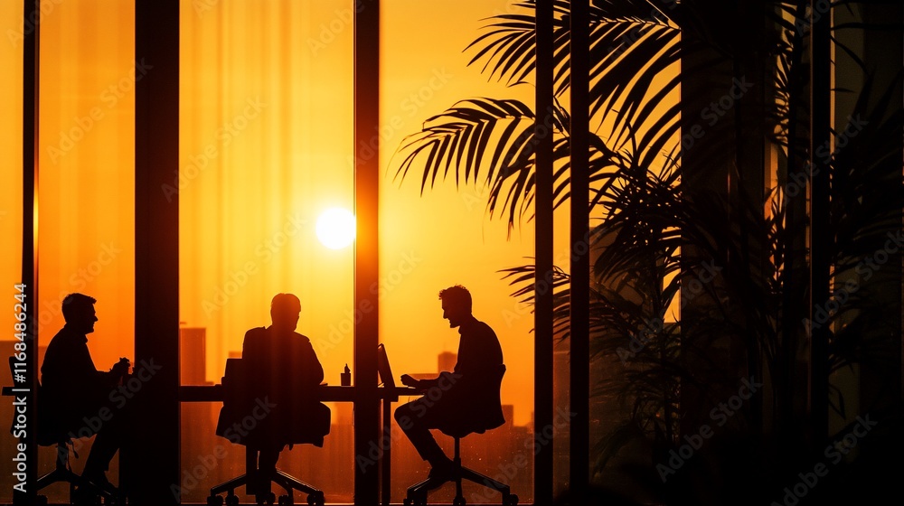 Obraz premium Silhouetted businesspeople in meeting at sunset.