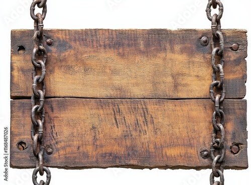 Rustic wooden signboard with chains. photo