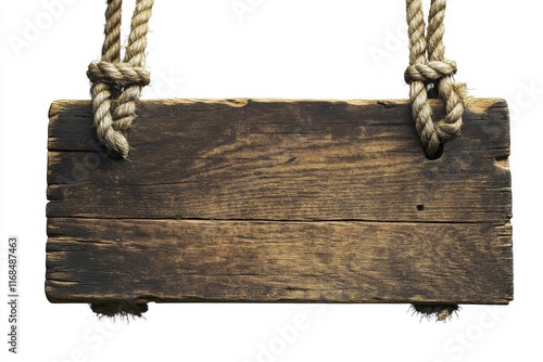 Rustic wooden sign hanging from ropes, isolated on white. (1) photo