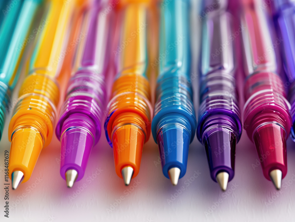 Colorful ballpoint pens in yellow, purple, blue, red, pink, green, and orange are neatly arranged in a row on a white surface. Colorful ballpoint pens in yellow, purple, blue, red, pink, green, and orange are neatly arranged in a row on a white surface.