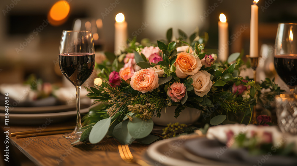 Obraz premium A table with a vase of flowers and wine glasses