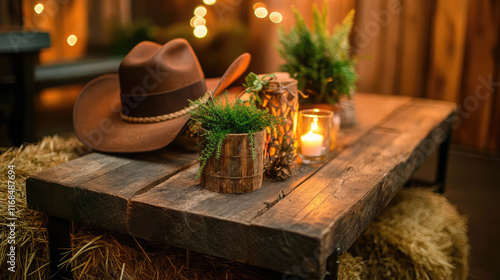 A wooden table with a brown hat on top of it and a bunch of plants in vases