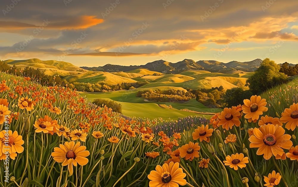 Fototapeta premium Sunset over rolling hills and wildflowers.