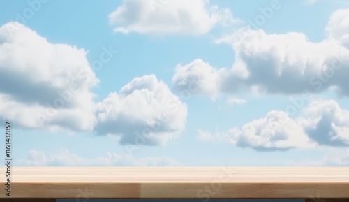 Wallpaper Mural Wooden table against a bright blue sky with fluffy clouds. (3) Torontodigital.ca