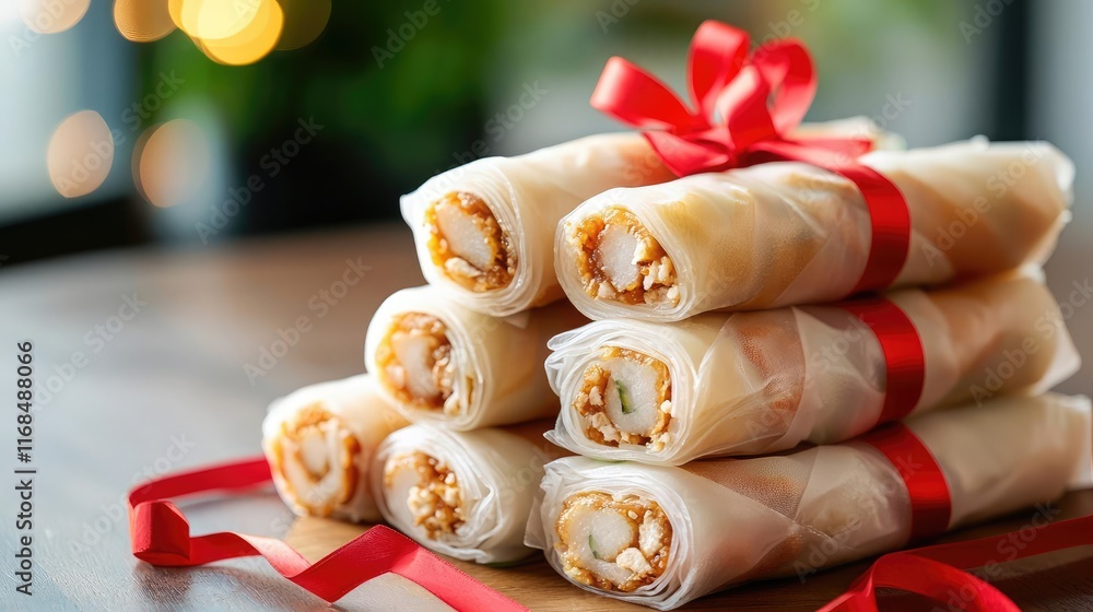 Naklejka premium Chinese new year food spring rolls. Spring rolls arranged in a pyramid shape, wrapped in festive red ribbons, symbolizing prosperity and joy