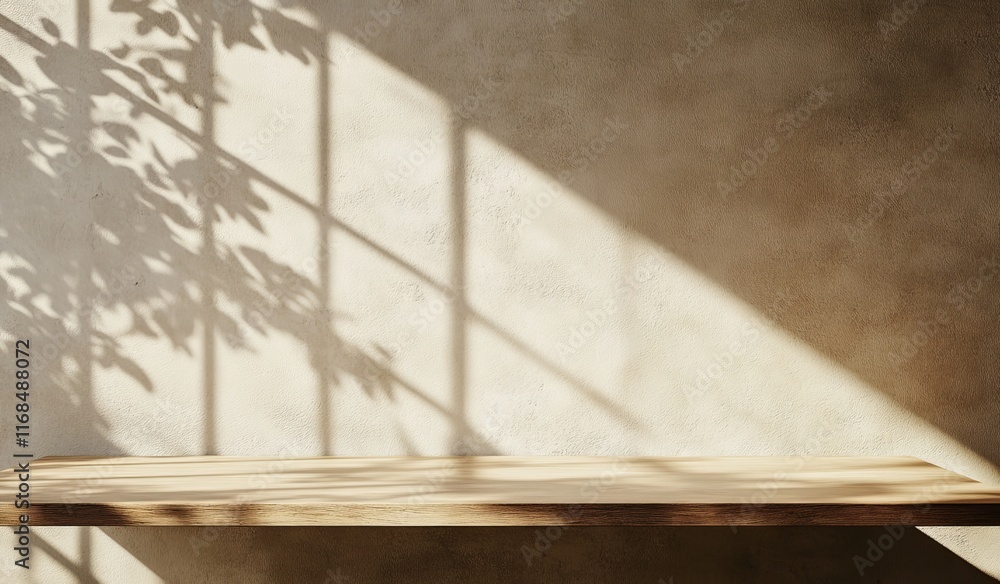 Wooden shelf with sunlight and leaf shadows on beige wall. Wooden shelf with sunlight and leaf shadows on beige wall.