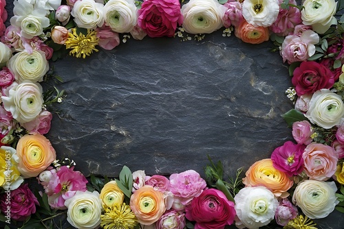 Flower frame on a dark gray spring summer background photo