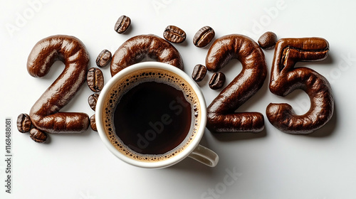 Coffee beans forming the number 2025 with a cup of coffee. Floating coffee bean on coffee. New Year’s promotional materials for coffee shops or brands