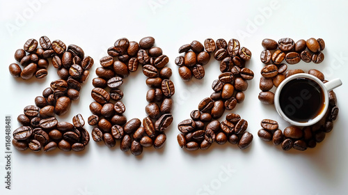 Coffee beans forming the number 2025 with a cup of coffee. Floating coffee bean on coffee. New Year’s promotional materials for coffee shops or brands