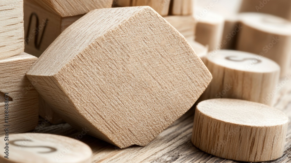 A close-up of wooden game pieces, featuring hexagonal and circular shapes, arranged on a textured wooden surface. A close-up of wooden game pieces, featuring hexagonal and circular shapes, arranged on a textured wooden surface.
