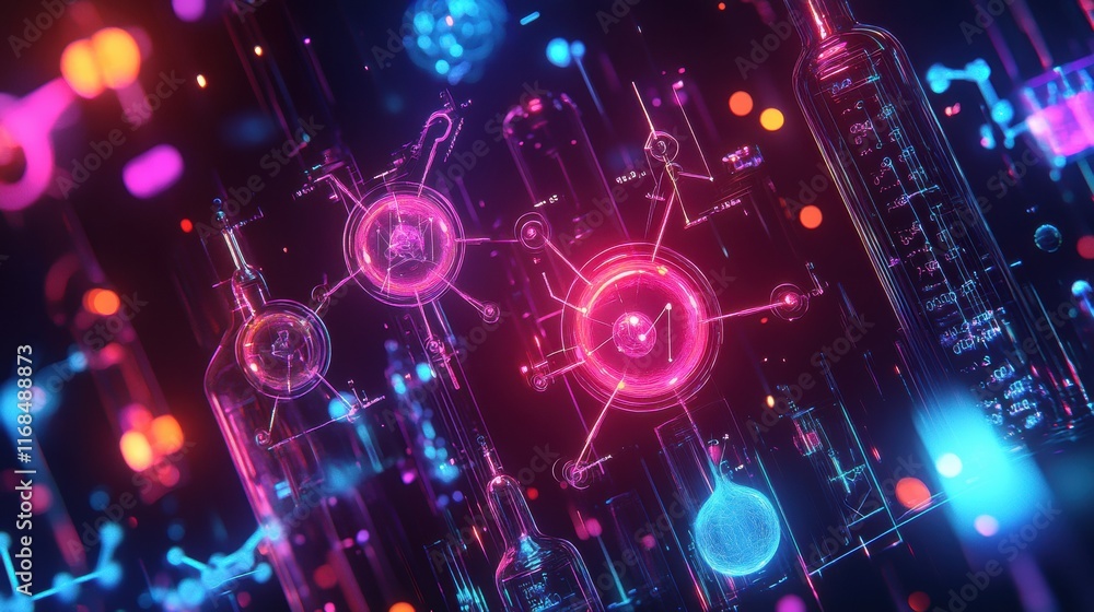 Obraz premium A detailed infographic of chemical reaction symbols, glowing against a science-themed background