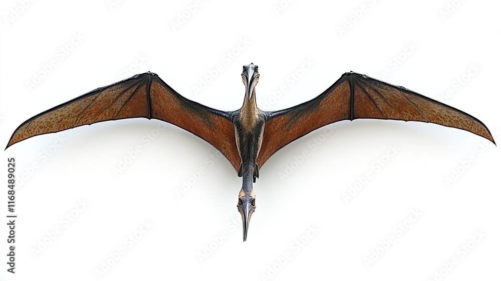 Obraz premium A detailed illustration of a pterosaur with outstretched wings, showcasing its anatomical features.