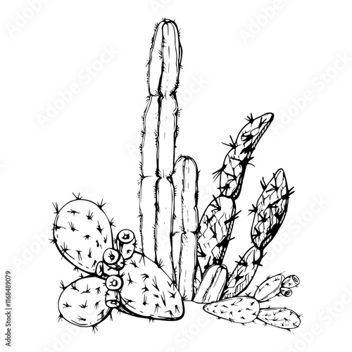 Nature tropical exotic desert plant succulent cactus aloe agave nopal. Hand drawn ink vector illustration isolated white background. Design travel, vacation brochure, print, botanical garden ads