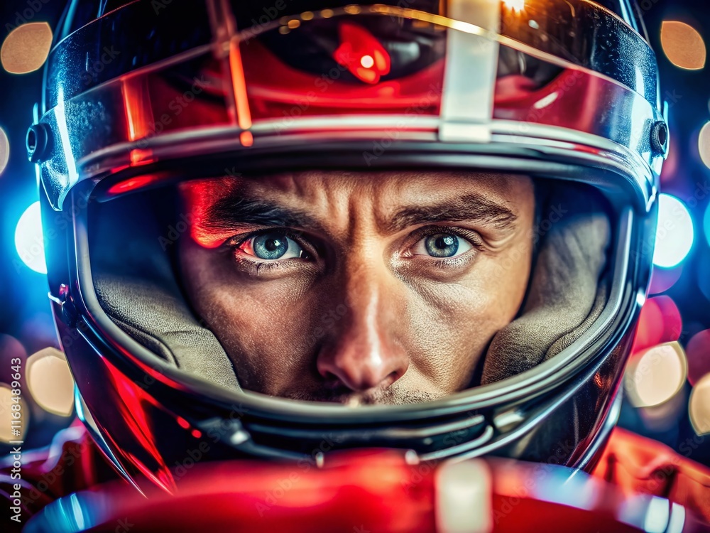 Close-up Racing Driver, Red Lights, Blurred Track - Stock Photo Close-up Racing Driver, Red Lights, Blurred Track - Stock Photo
