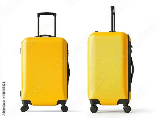 Yellow suitcase, front and side view, isolated on white. photo