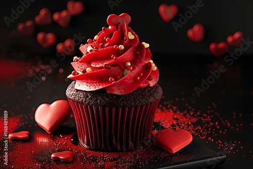 red velvet cupcake with heart-shaped sprinkles on top photo
