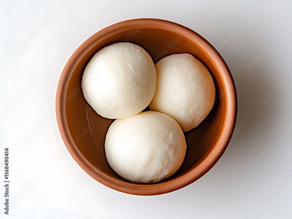 Clay Bowl with Three Soft White Cheese Balls Clay Bowl with Three Soft White Cheese Balls